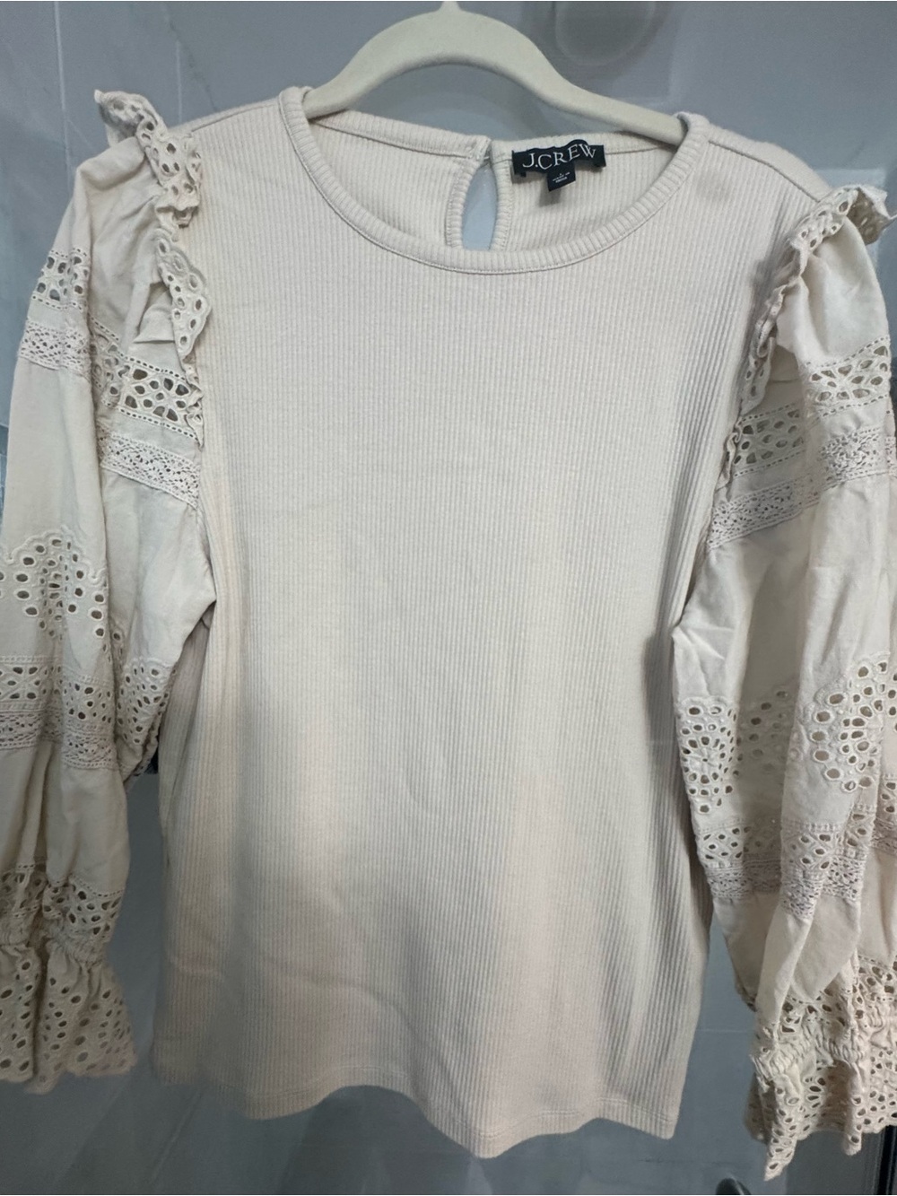 J. Crew Cream Ribbed Top with Eyelet Bishop Sleeves